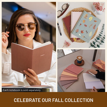 Collage of a woman reading a notebook, notebooks with autumn designs, and a person writing.