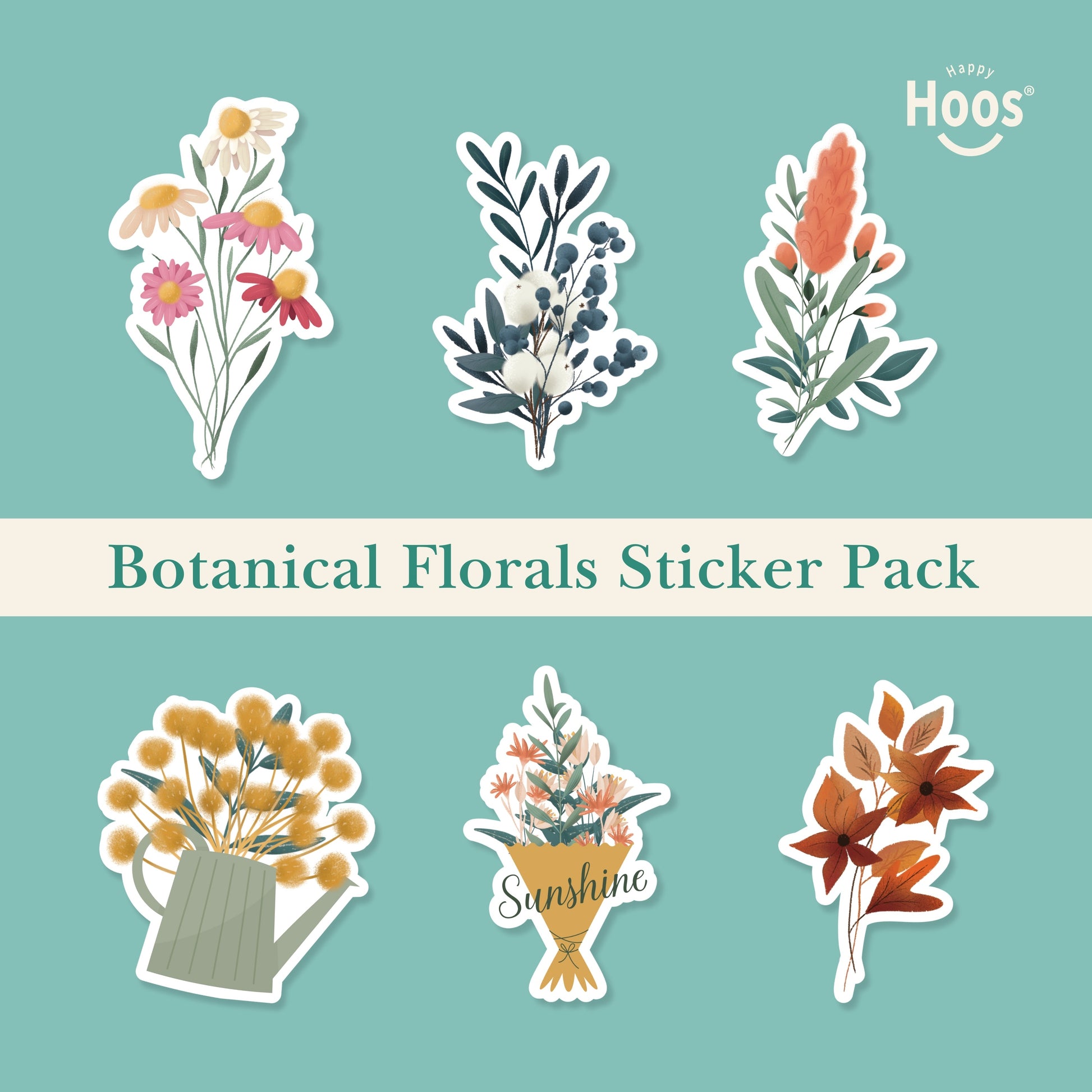 Botanical Florals Sticker Pack featuring colorful wildflower bouquet, winter botanical with berries, coral botanical stem, yellow flowers in watering can, flower bouquet with "Sunshine", orange autumn leaves