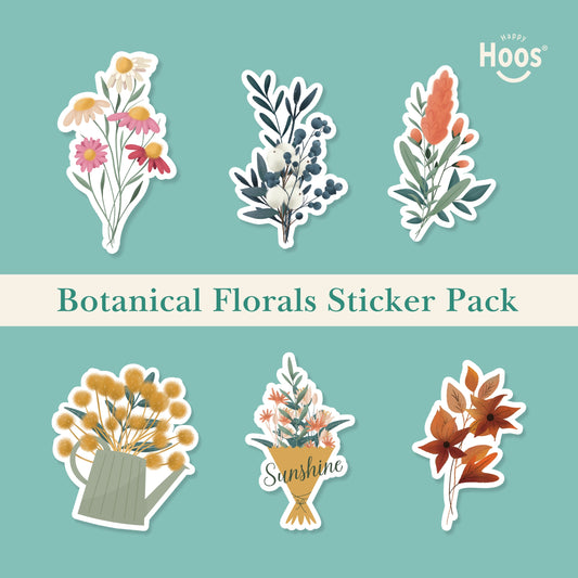 Botanical Florals Sticker Pack featuring colorful wildflower bouquet, winter botanical with berries, coral botanical stem, yellow flowers in watering can, flower bouquet with "Sunshine", orange autumn leaves