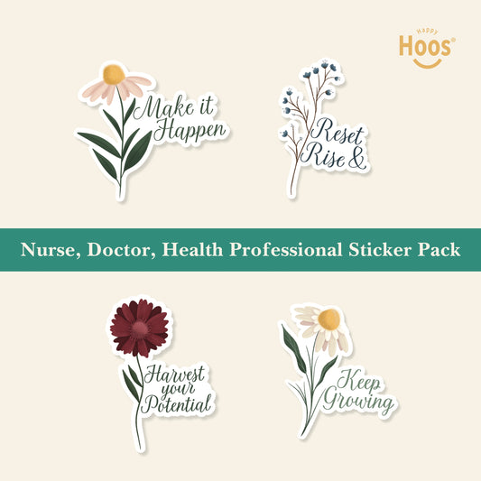 Nurse, Doctor, Health Professional Sticker Pack with four flower stickers: 'Make it Happen' daisy, 'Reset Rise &' blue branches, 'Harvest your Potential' burgundy flower, and 'Keep Growing' white daisies on golden background