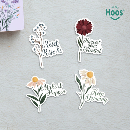 Four flower stickers on textured surface: 'Reset Rise &', 'Harvest your Potential', 'Make it Happen', and 'Keep Growing' with motivational messages