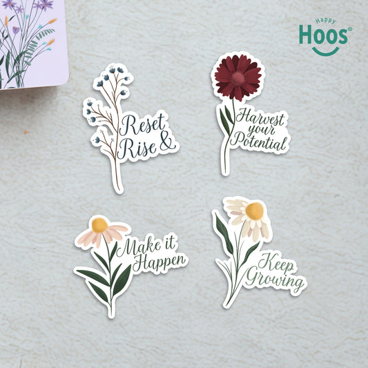 Four flower stickers on textured surface: 'Reset Rise &', 'Harvest your Potential', 'Make it Happen', and 'Keep Growing' with motivational messages