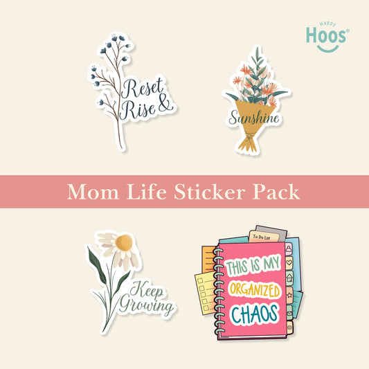Mom Life Sticker Pack with four stickers on pink background: 'Reset Rise &' blue branches, 'Sunshine' flower bouquet, 'Keep Growing' white daisies, and 'This is My Organized Chaos' planner