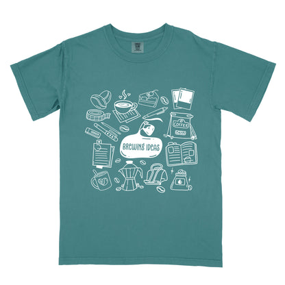Blkue Spruce t-shirt with white coffee-themed graphics and 'Brewing Ideas' text on a white background