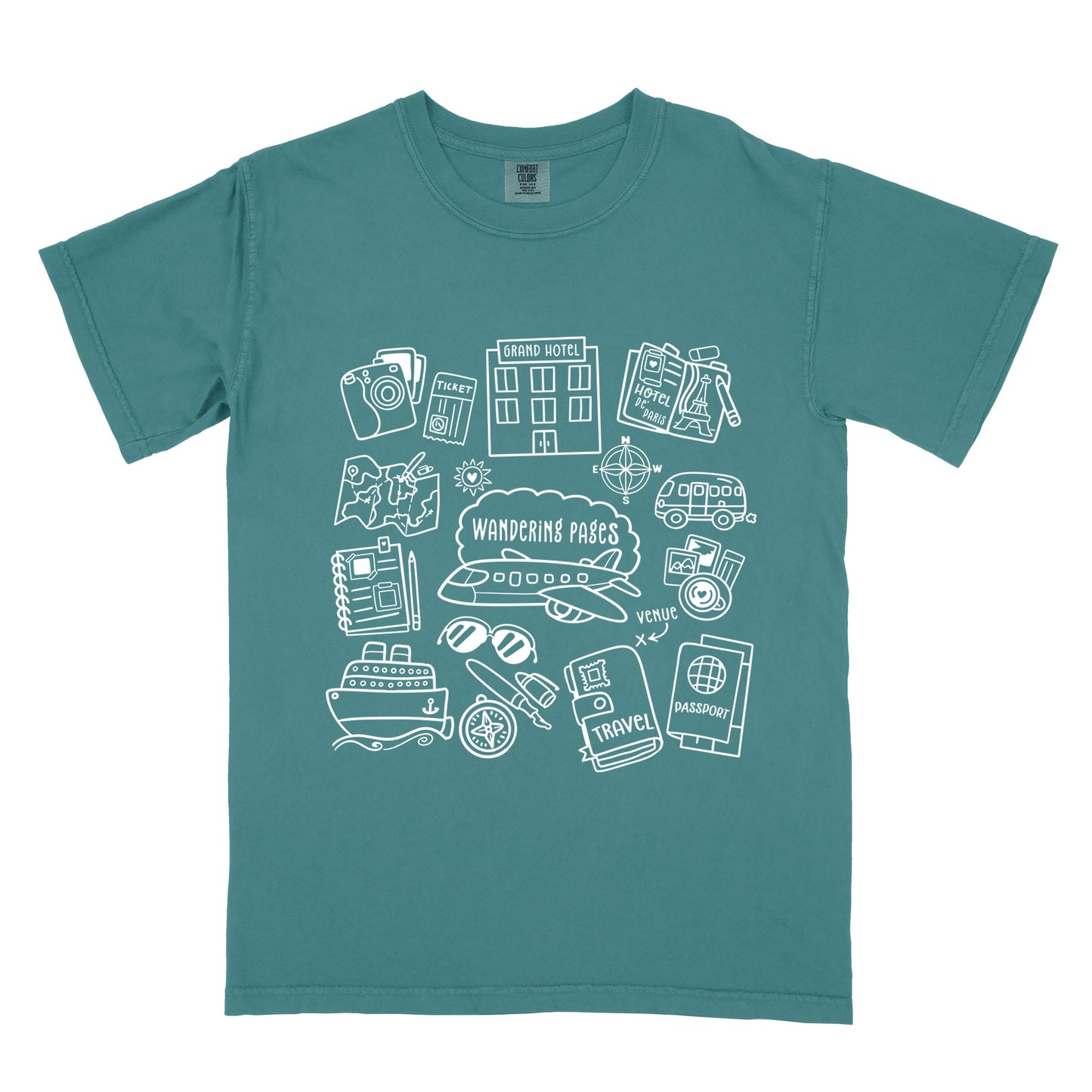 Blue Spruce colored Vintage Heavyweight 100% Cotton with white graphics  on travel and writing
