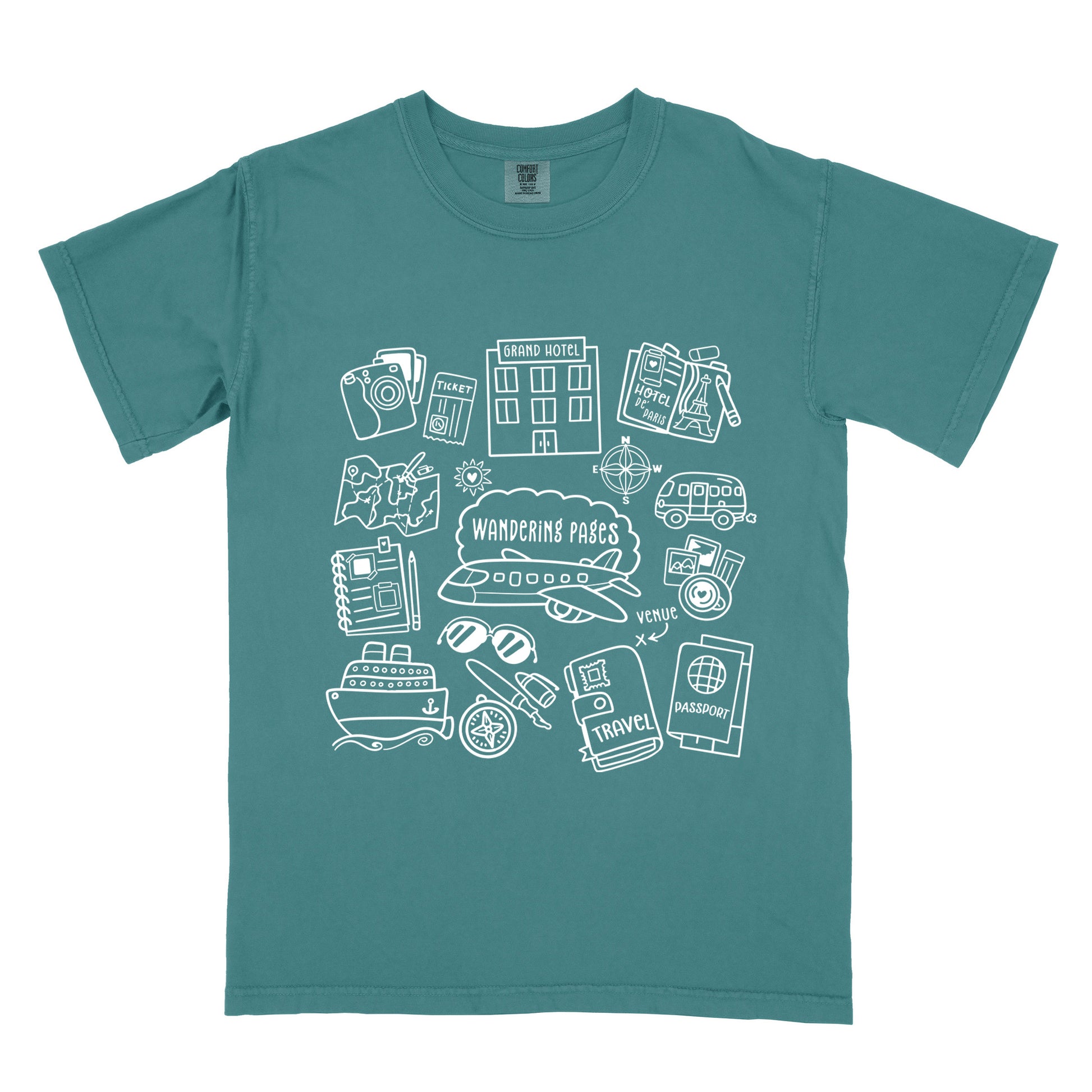 Blue Spruce colored Vintage Heavyweight 100% Cotton with white graphics  on travel and writing