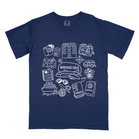 Navy blue  Happy Hoos' Travel Doodle shirt which features writing and travel doodles. 