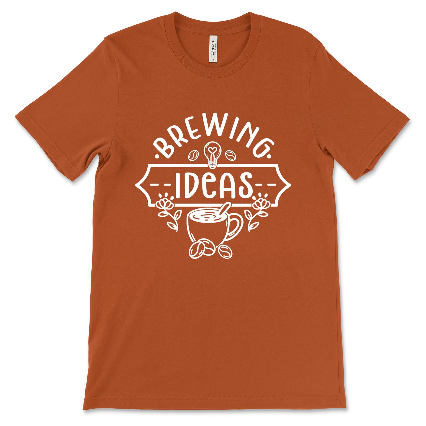 Brown t-shirt with 'Brewing Ideas' graphic design on a white background
