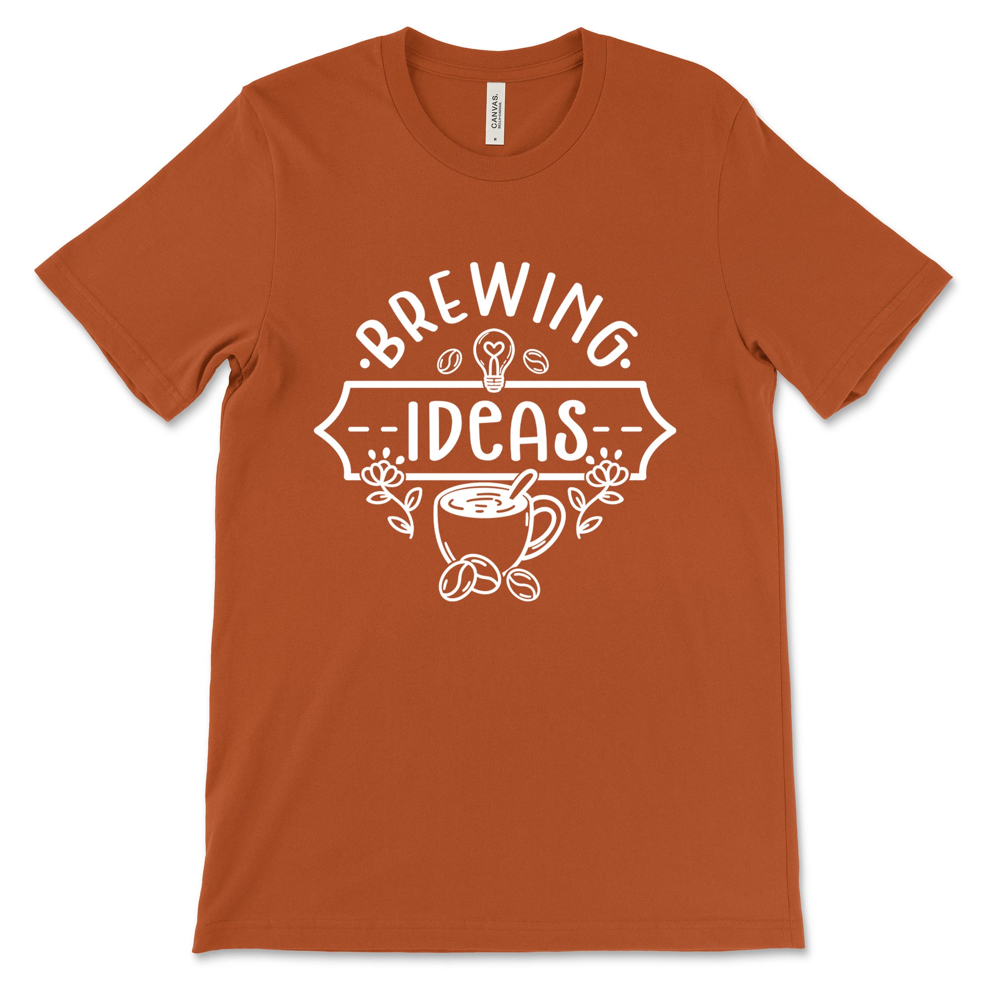 Brown t-shirt with 'Brewing Ideas' graphic design on a white background