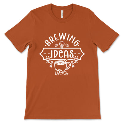 Brown t-shirt with 'Brewing Ideas' graphic design on a white background
