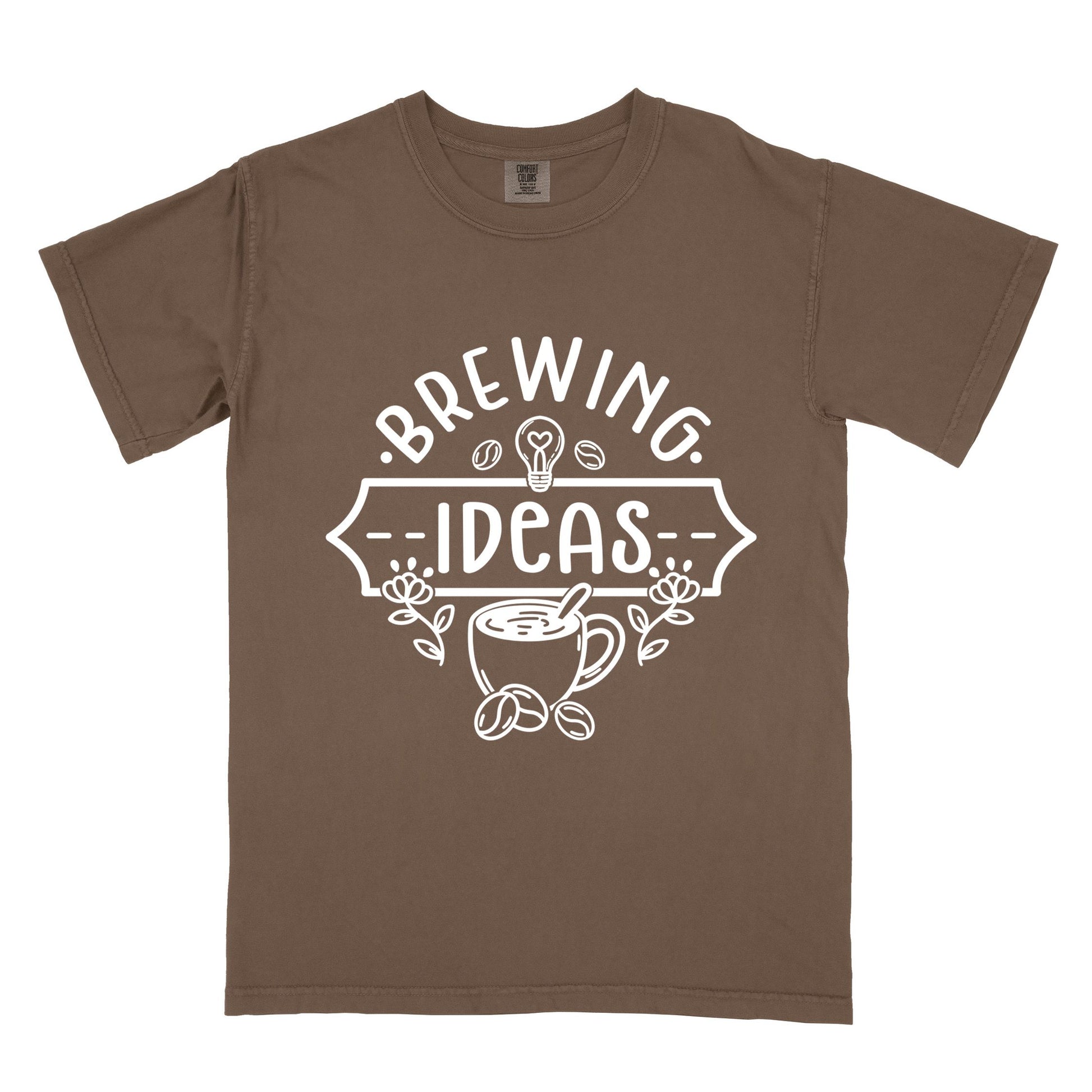 Espresso colored t-shirt with 'Brewing Ideas' graphic design on a white background