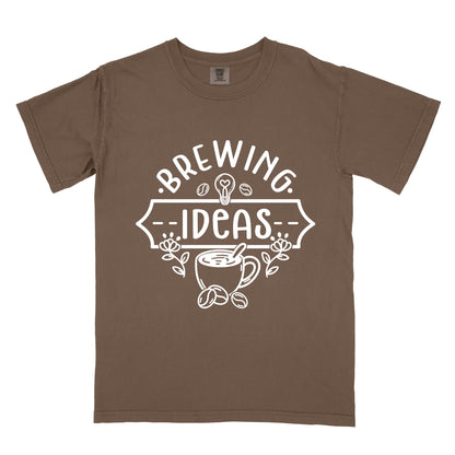 Espresso colored t-shirt with 'Brewing Ideas' graphic design on a white background