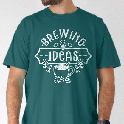 Teal t-shirt with 'Brewing Ideas' design on a plain background