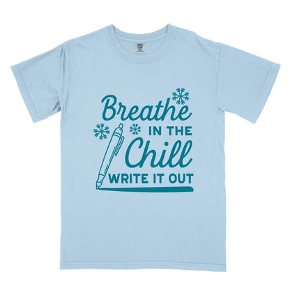 Light blue t-shirt with motivational text and a pen graphic on a white background