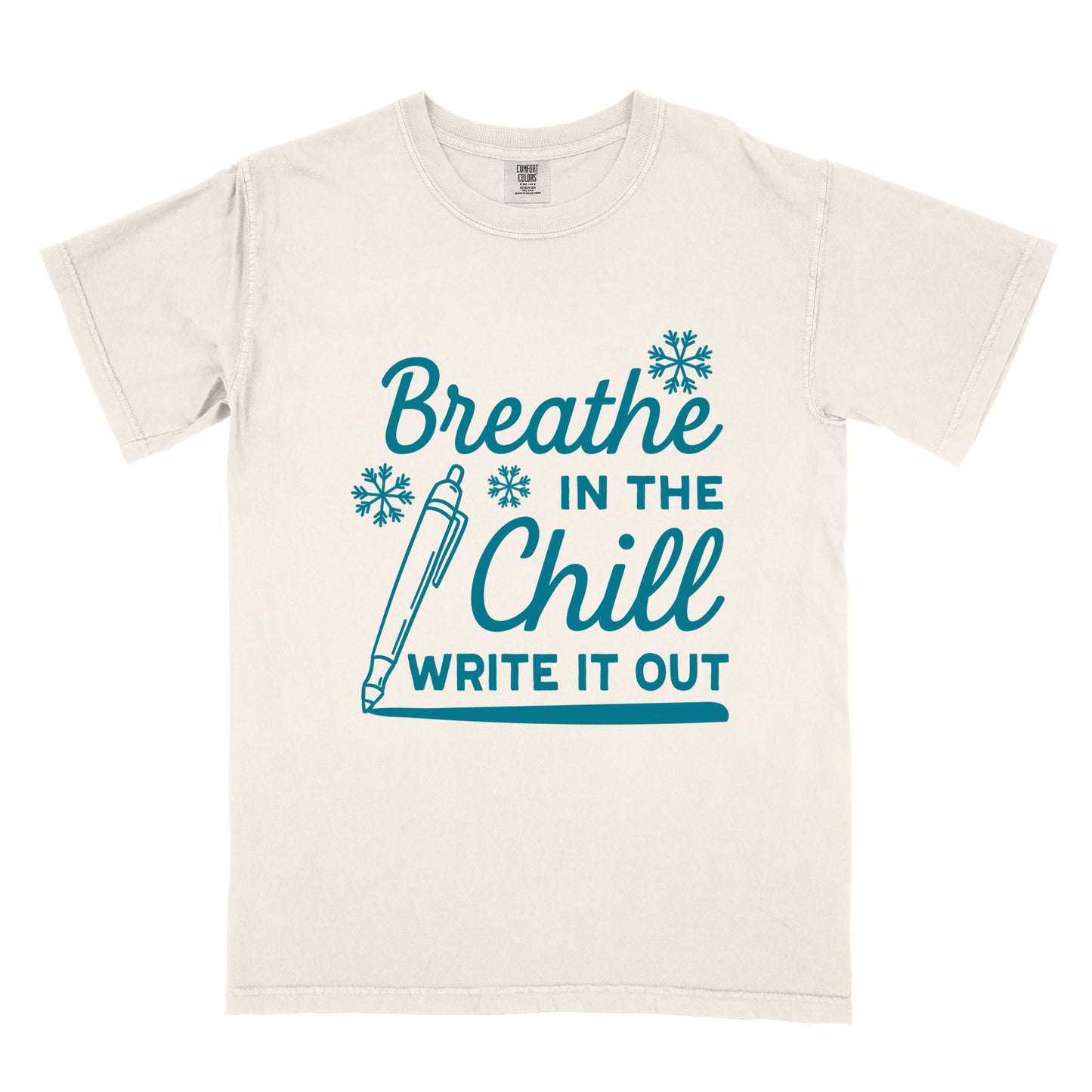 Ivory  t-shirt with motivational text and a pen graphic on a white 