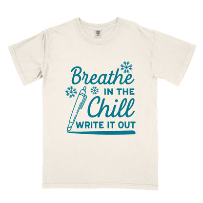 Ivory  t-shirt with motivational text and a pen graphic on a white 
