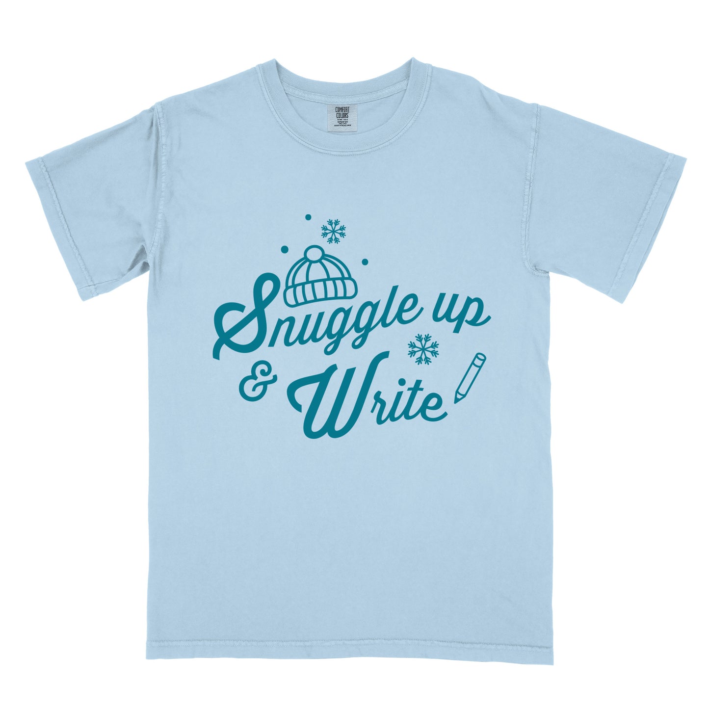 light blue t-shirt with 'Snuggle up & Write' text, holding a coffee cup.