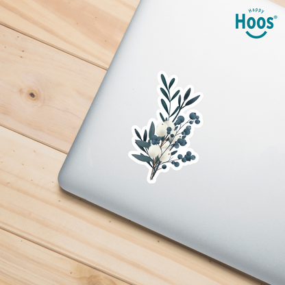 Winter Eucalyptus Floral sticker on a laptop with 'Happy Hoos' branding