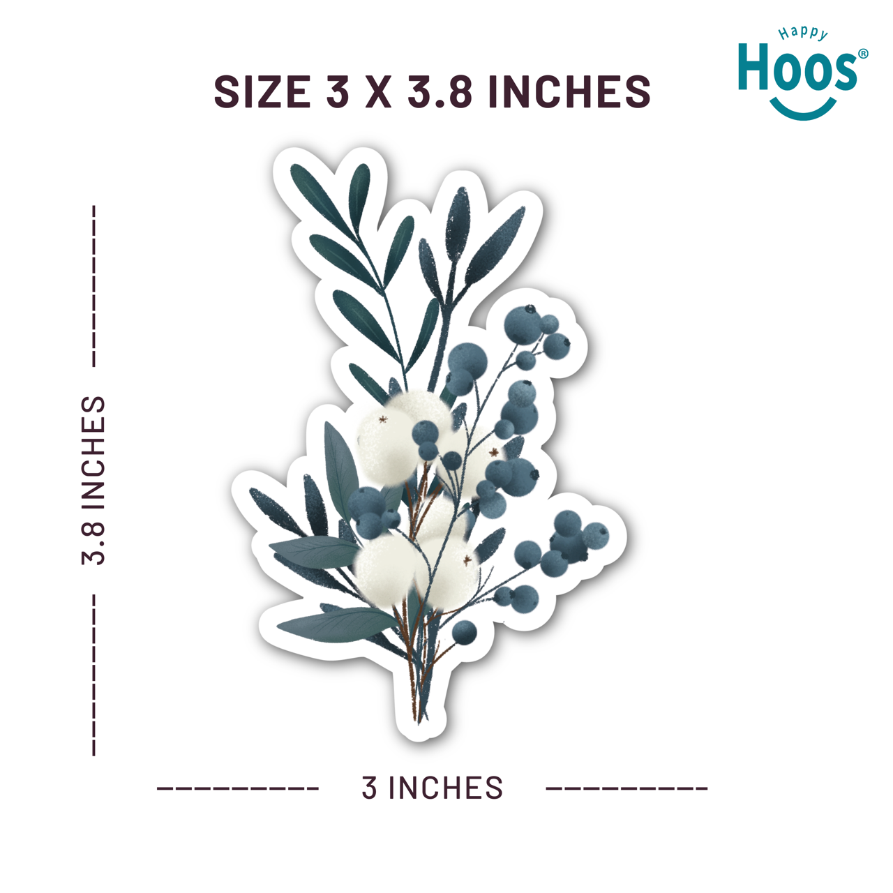 Winter Eucalyptus Floral sticker with dimensions and 'Happy Hoos' branding