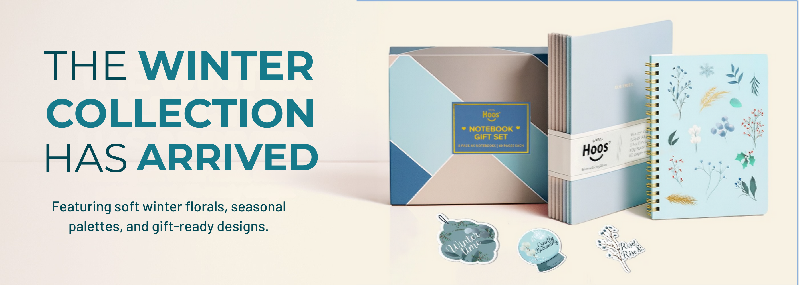 MyHappyHoos Winter Collection has arrived—featuring cute seasonal notebooks, spiral notebooks, winter notebook gift sets, and coordinating stickers with soft winter florals and calm seasonal color palettes—perfect for journaling, gift giving and winter planning; note taking, holiday gifting and cozy creativity; journaling, stocking stuffers and self-care; students, teachers and stationery lovers; and daily gratitude, goal setting and holiday lists.