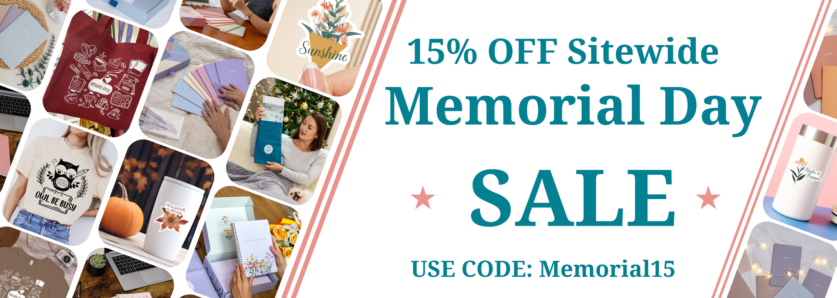 Memorial Day sale banner with promotional text and product images. 15% off with code Memorial15