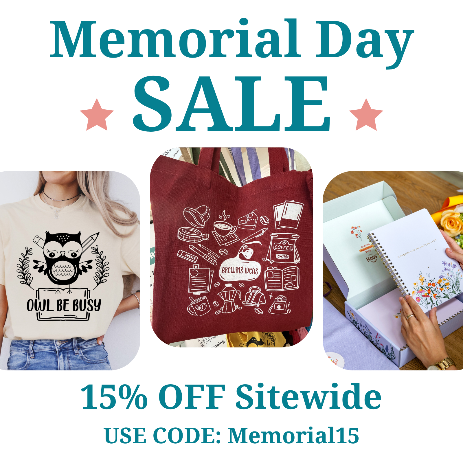 Memorial Day sale advertisement with clothing, tote bag, and books on a white background. 15% off with code Memorial15