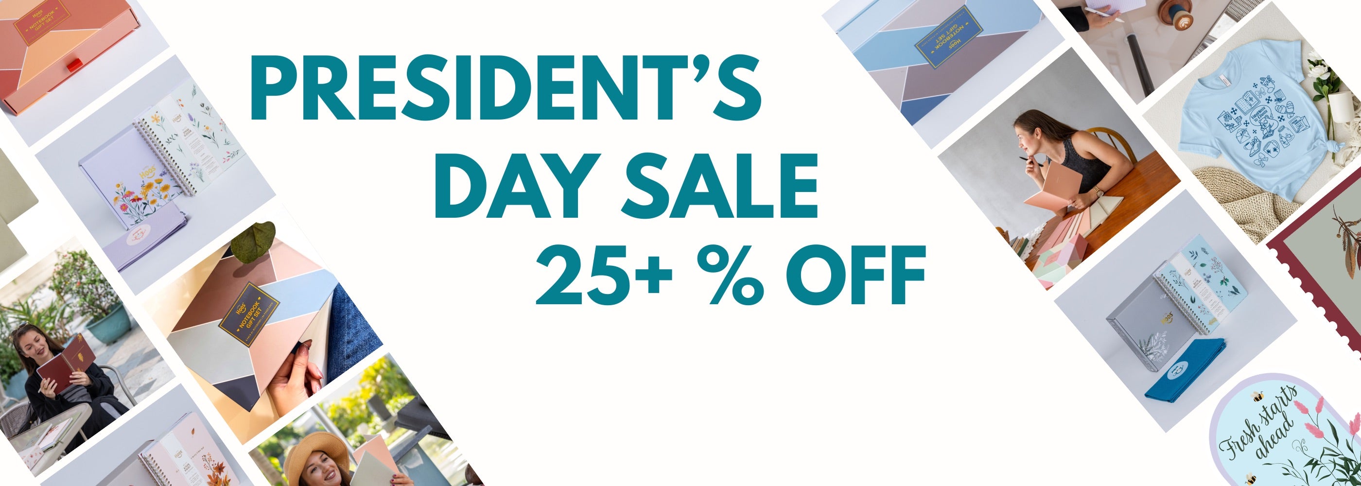 Promotional banner for President's Day Sale with product images and text overlay.