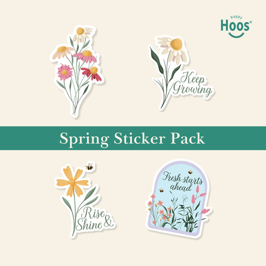 Spring Sticker Pack featuring colorful wildflower bouquet, daisy with "Keep Growing", daisy with bee and "Rise & Shine", garden dome with flowers, bees and "Fresh starts ahead"
