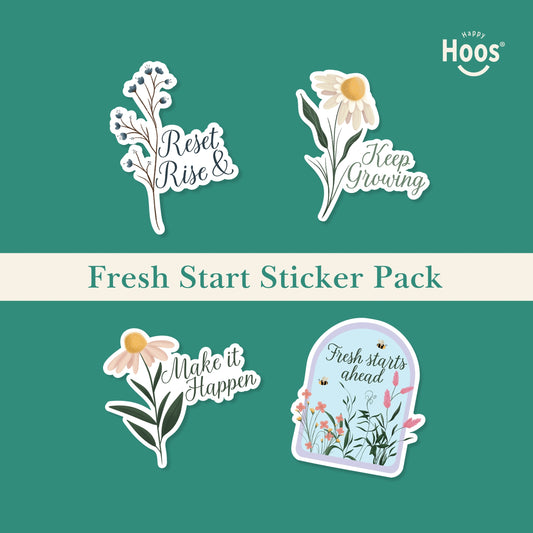 Fresh Start Sticker Pack featuring blue berry branches with "Reset & Rise", white daisy with "Keep Growing", daisy with "Make it Happen", garden dome with "Fresh starts ahead"