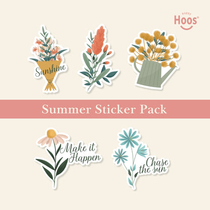 Summer Sticker Pack featuring flower bouquet with "Sunshine", coral botanical stem, yellow flowers in watering can, daisy with "Make it Happen", blue flowers with "Chase the sun"