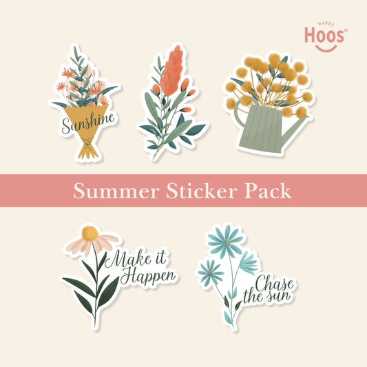 Summer Sticker Pack featuring flower bouquet with "Sunshine", coral botanical stem, yellow flowers in watering can, daisy with "Make it Happen", blue flowers with "Chase the sun"