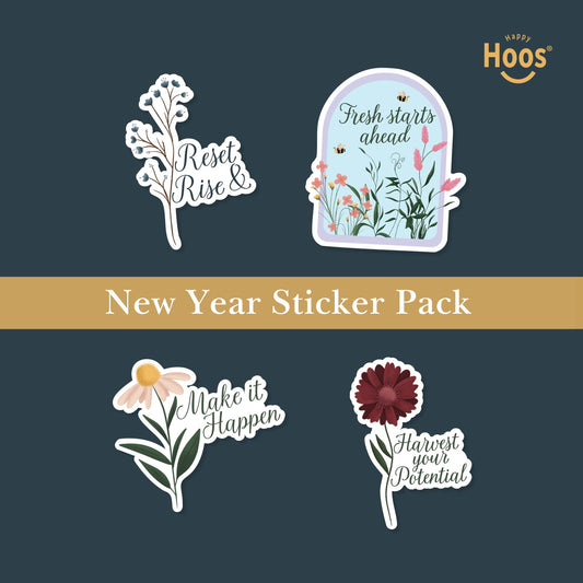 New Year Sticker Pack featuring blue berry branches with "Reset & Rise", garden dome with "Fresh starts ahead", daisy with "Make it Happen", burgundy flower with "Harvest your Potential"