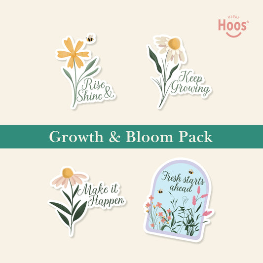 Growth & Bloom Pack featuring yellow daisy with bee and "Rise & Shine", white daisy with "Keep Growing", daisy with "Make it Happen", garden dome with "Fresh starts ahead"