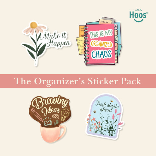 Collection of motivational stickers for the Organizer's Sticker Pack with text and graphics on a light beige background. The stickers included are "Make it Happen," "This is my organized chaos," "Brewing ideas," and "Fresh starts ahead." 