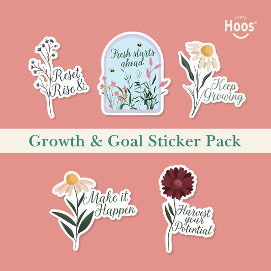 Growth & Goal Sticker Pack featuring blue berry branches with "Reset & Rise", garden dome with "Fresh starts ahead", white daisy with "Keep Growing", daisy with "Make it Happen", burgundy flower with "Harvest your Potential"
