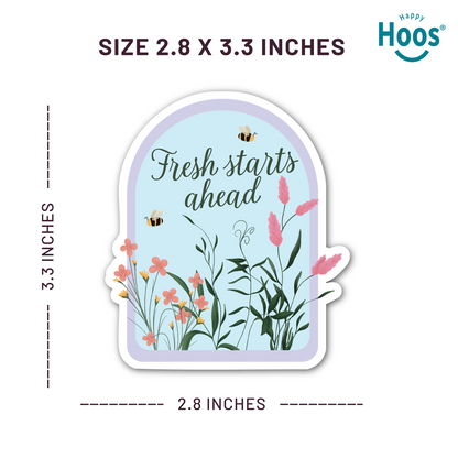 Sticker with 'Fresh starts ahead' text and floral design, dimensions 2.8 x 3.3 inches, brand 'Happy Hoos' visible.