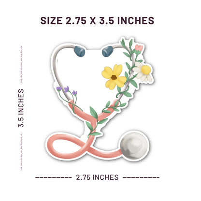 Floral Stethoscope waterproof sticker featuring a pink stethoscope wrapped with flowers and greenery for nurses and healthcare workers measured at 2.75 x 3.5 inches