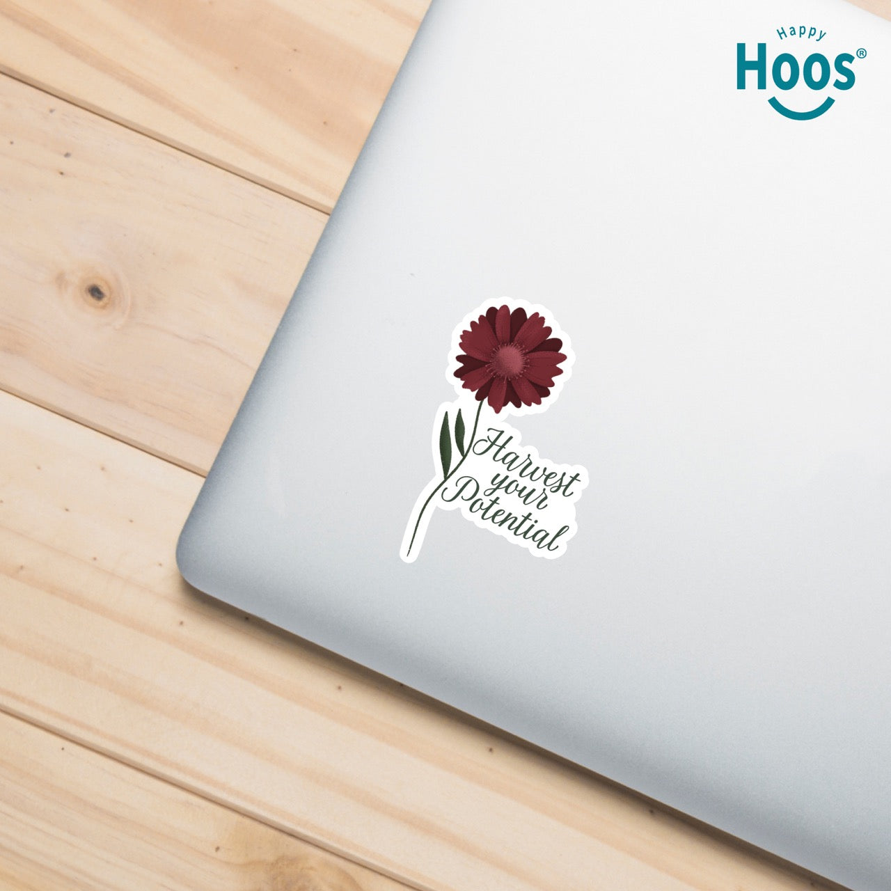 Harvest Your Potential sticker featuring a deep burgundy gerbera daisy with detailed petals and green stem and leaves, with dark script lettering reading "Harvest your Potential" beside the flower, measuring 2.5 by 3.5 inches on a laptop
