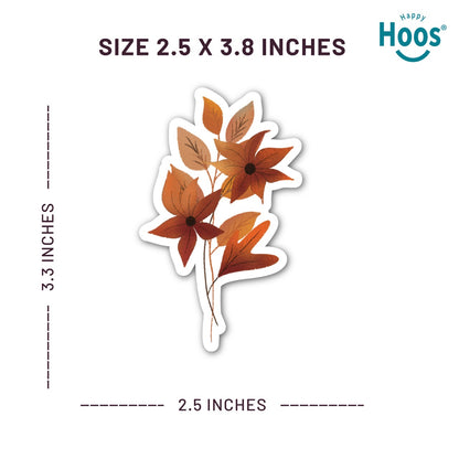 Autumn Florals sticker featuring burnt orange and rust-colored flowers with star-shaped petals and matching autumn leaves arranged in a vertical floral spray, measuring 2.5 by 3.8 inches