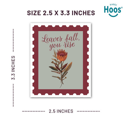 
Fall & Rise sticker designed as a vintage postage stamp with burgundy perforated border, sage green background, featuring autumn botanicals with orange flowers and brown foliage, and burgundy script lettering reading "Leaves fall, you rise" at the top, measuring 2.5 by 3.3 inches