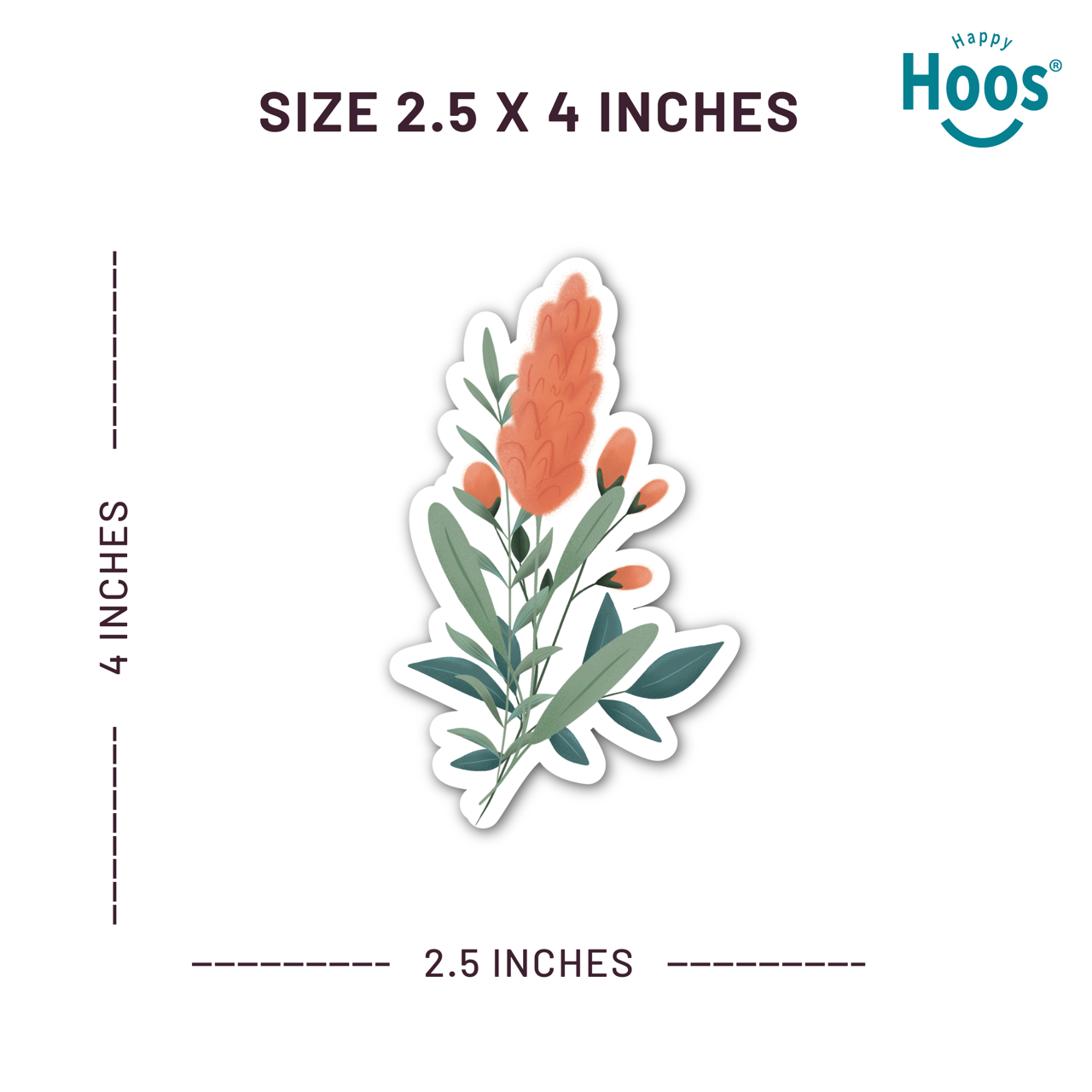 Floral sticker with dimensions and 'Happy Hoos' branding