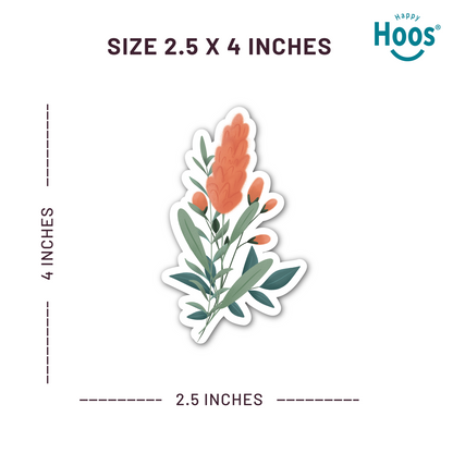 Floral sticker with dimensions and 'Happy Hoos' branding