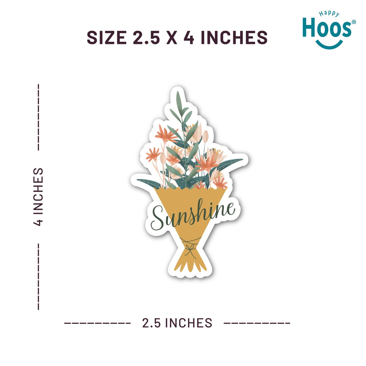 Floral bouquet sticker with 'Sunshine' text and dimensions on a white background