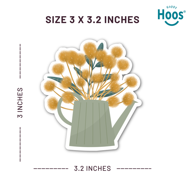Sticker of a watering can with flowers and measurement details on a white background