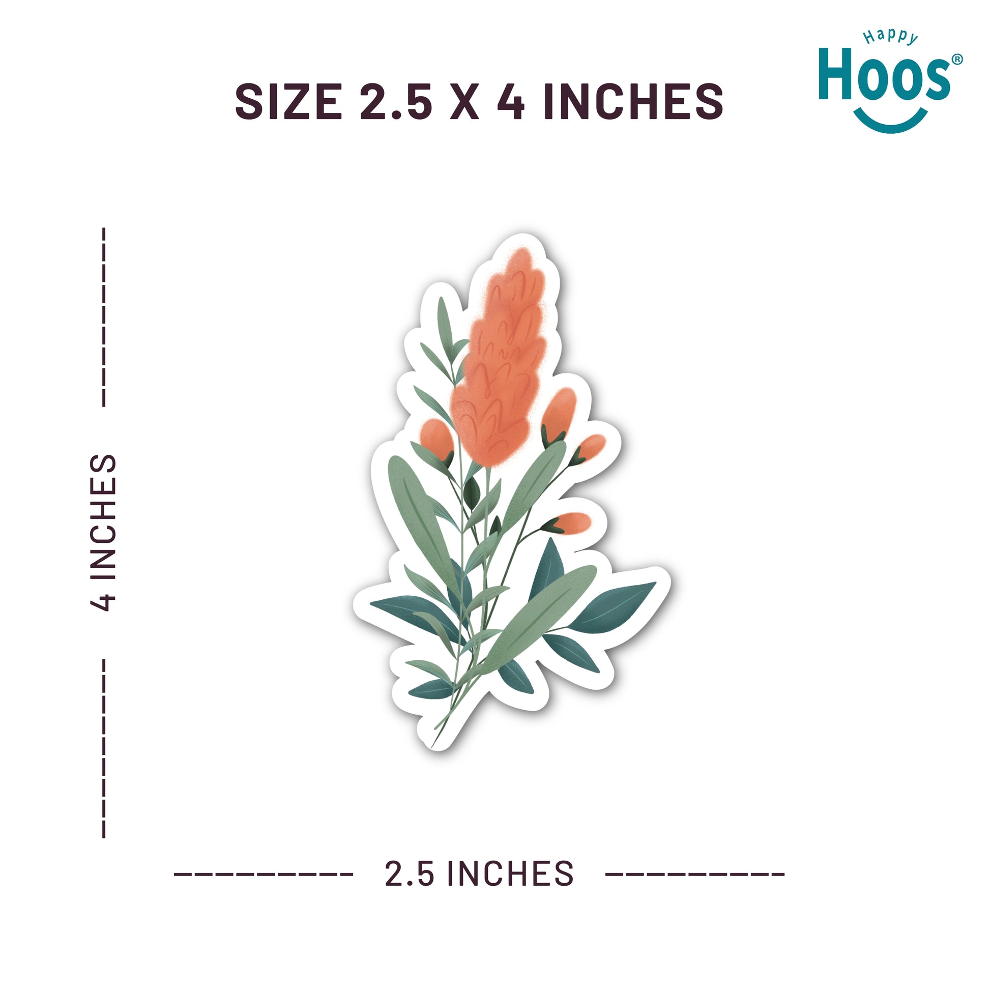 Floral sticker with dimensions and 'Happy Hoos' branding