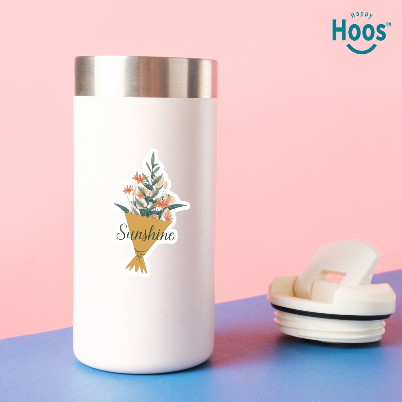 White tumbler with floral design and 'Sunshine' text on a pink and blue background, featuring the brand 'Happy Hoos'.