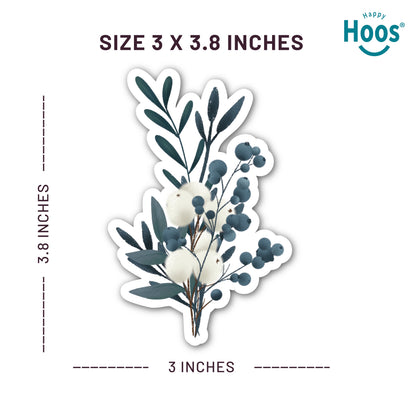 Winter Eucalyptus Floral sticker with dimensions and 'Happy Hoos' branding