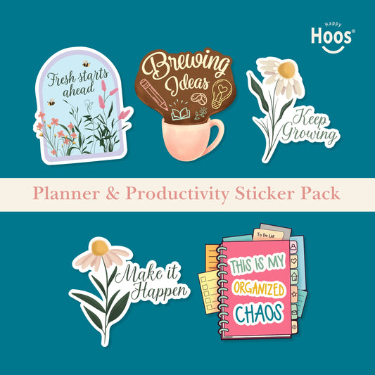 Planner & Productivity Sticker Pack featuring garden dome with "Fresh starts ahead", coffee mug with "Brewing Ideas", white daisy with "Keep Growing", daisy with "Make it Happen", planner with tabs and "This is my Organized Chaos"
