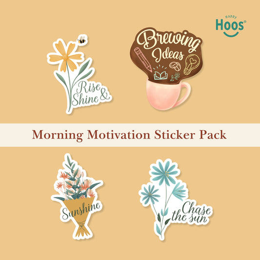 Morning Motivation Sticker Pack featuring yellow daisy with bee and "Rise & Shine", coffee mug with "Brewing Ideas", flower bouquet with "Sunshine", blue flowers with "Chase the sun"