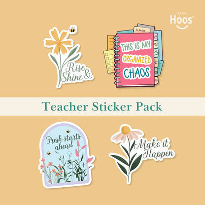 Teacher Sticker Pack featuring yellow daisy with bee and "Rise & Shine", planner with tabs and "This is my Organized Chaos", garden dome with "Fresh starts ahead", daisy with "Make it Happen"